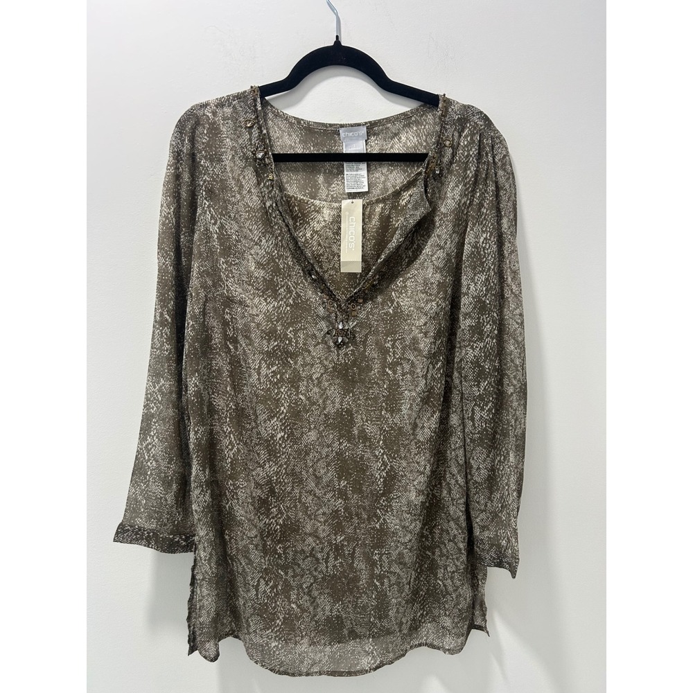 Chicos Snakeskin Print Beaded V-Neck Tunic Blouse & Camisole Set Brown Size 1 M